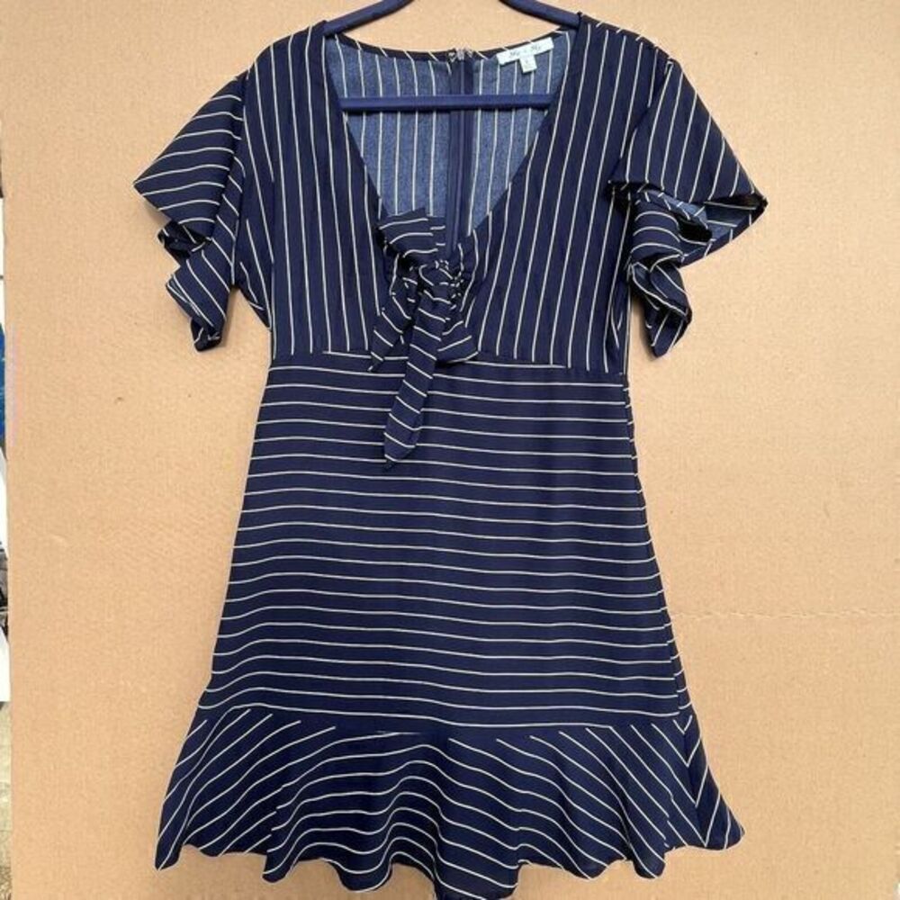 She + Sky Blue and White Striped Dress Fit & Flare Nautical Coastal L Sundress